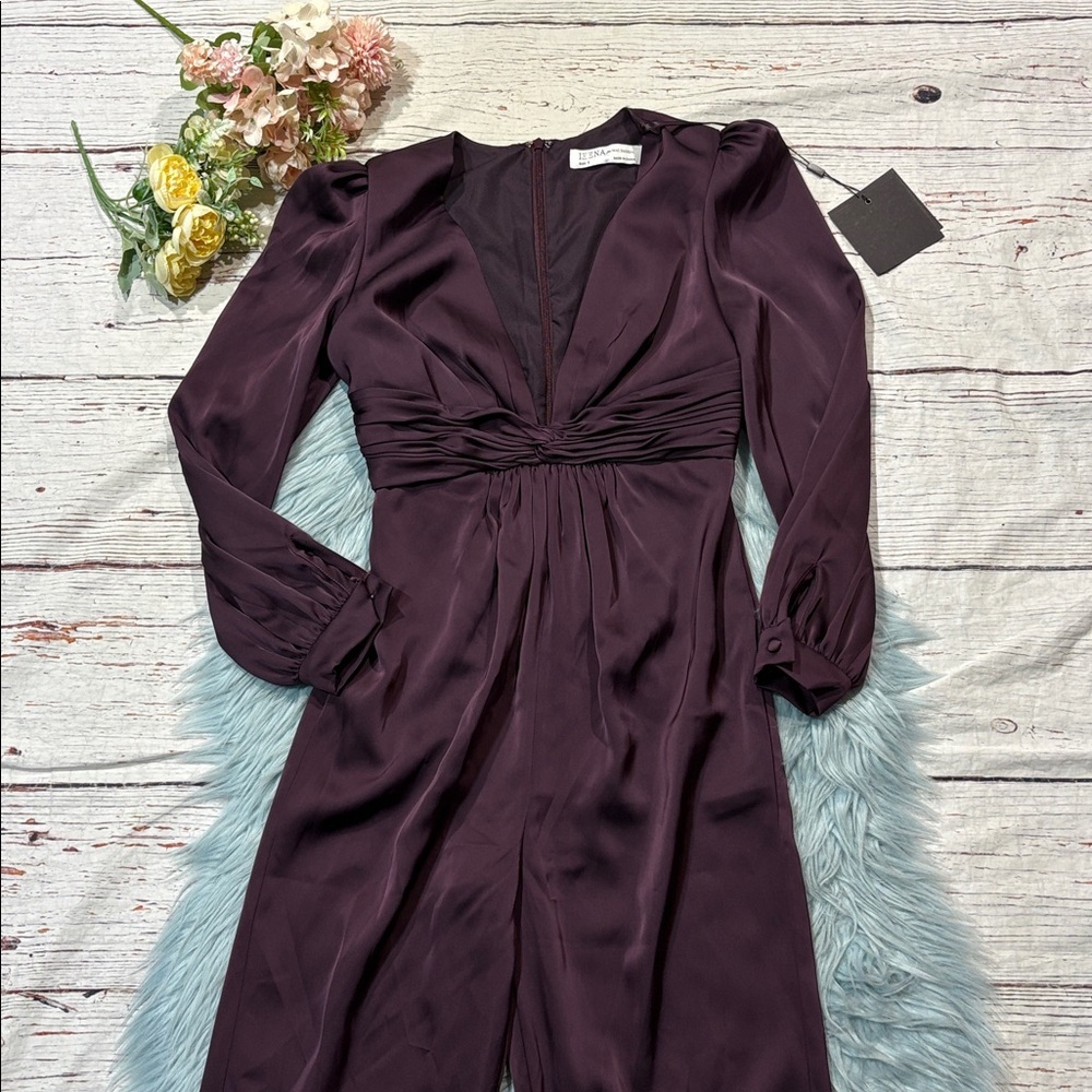 NWT Ieena for Mac Duggal Long Sleeve Ruched Plunging-Neck Jumpsuit Plum - Picture 6 of 10